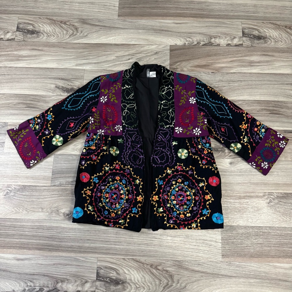 Anu Floral Embroidered Wool Blend Open Front Cardigan Jacket Size Small